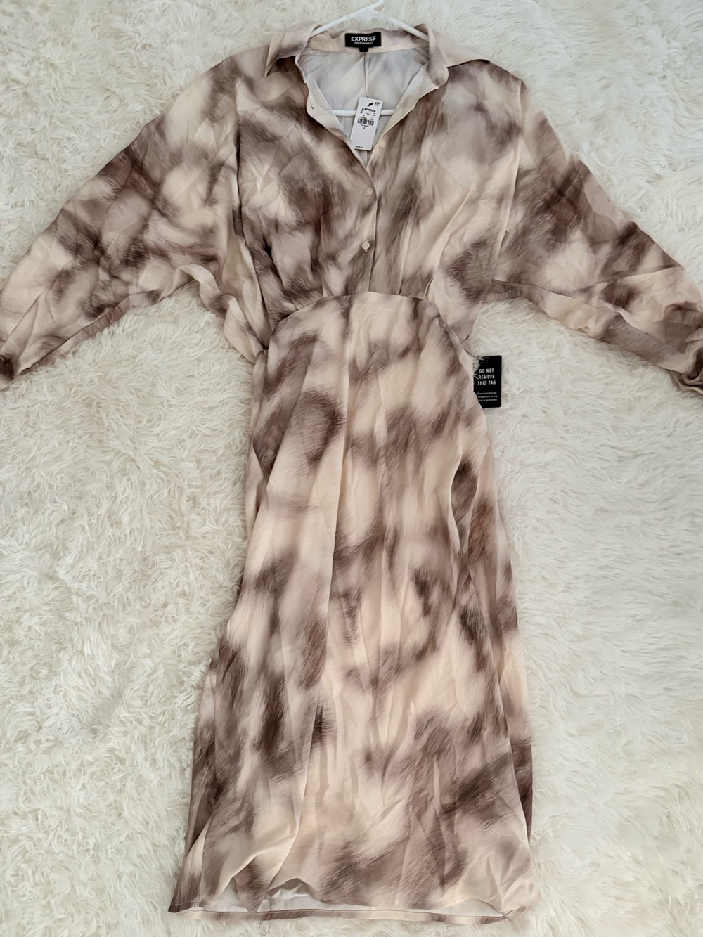 Express Taupe & Cream Half Button Up Midi Portofino Shirt Dress Size Small NWT